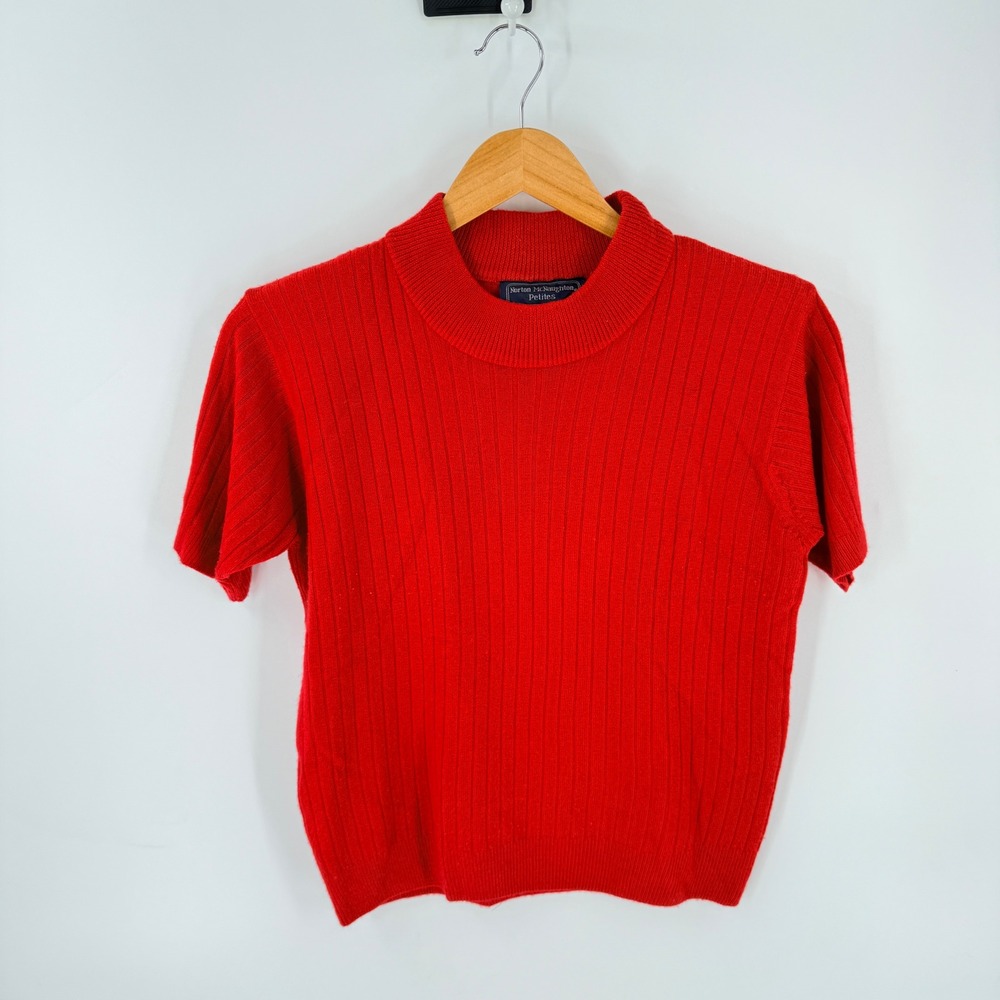 Vintage Red Mock‎ Neck Ribbed Knit Norton McNaughton Short Sleeve Sweater SP